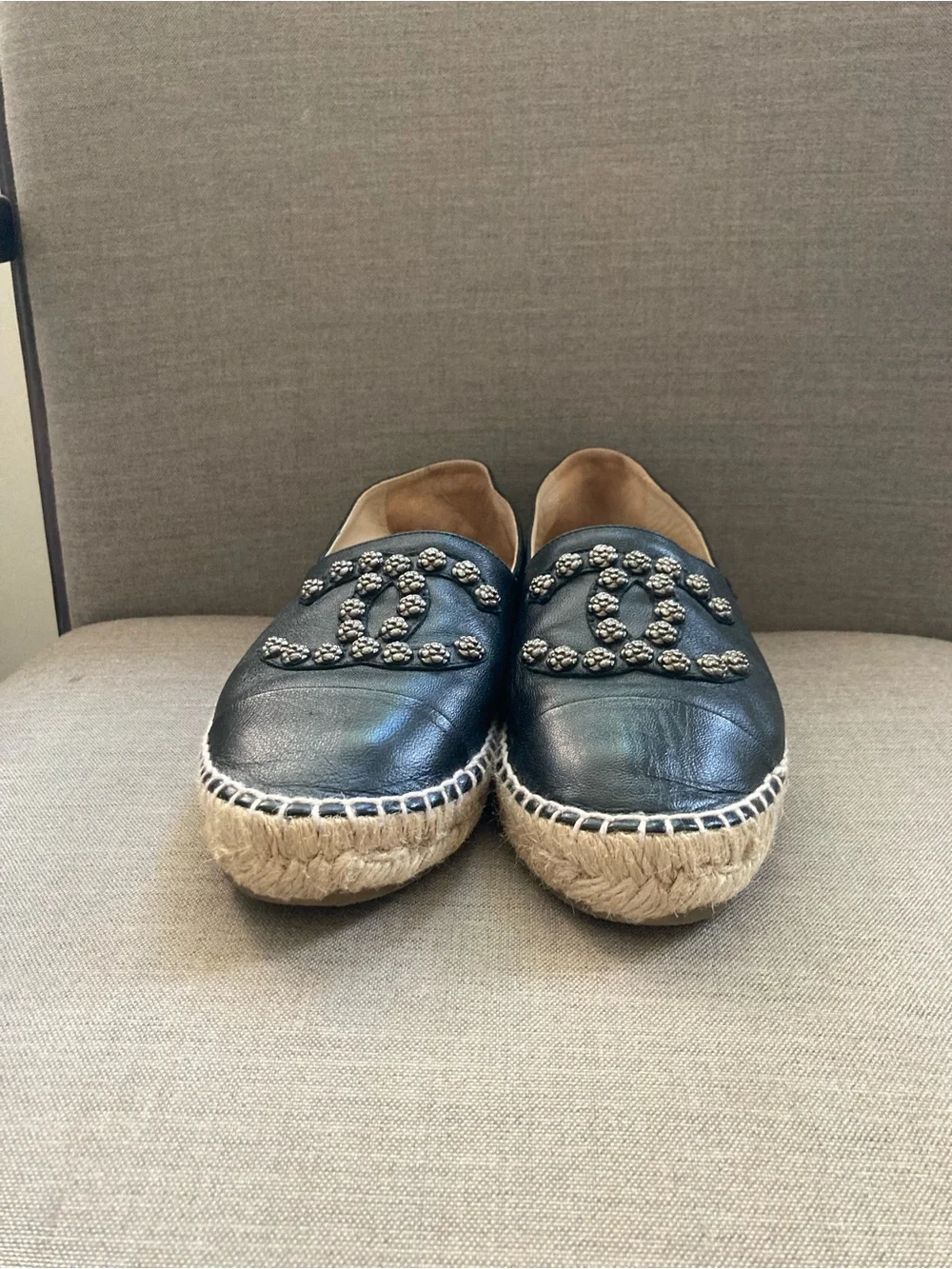 CHANEL Black Leather Espadrille Flats with Crystal CC Motif